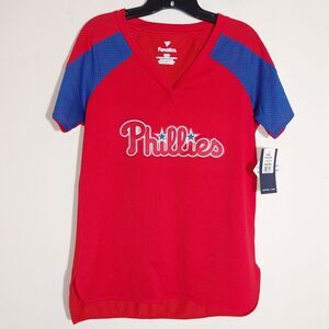 Fanatics Women's Philadelphia Phillies League Raglan Mesh V-Neck Jersey Red NWT